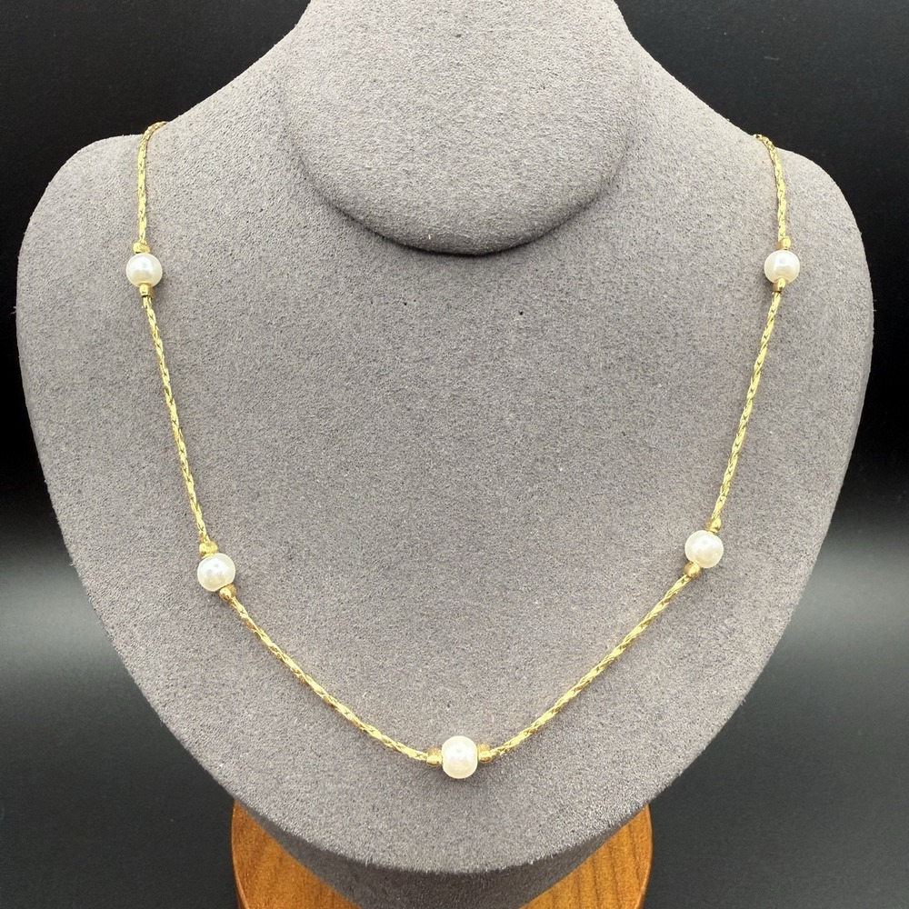 Vintage Napier Faux Pearl Station Necklace Gold Tone Herringbone Chain 16in